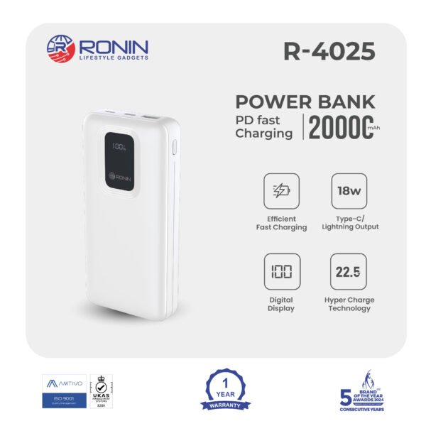Ronin R-4025 Power, Fast Charge Power Bank 20000mAh with PD Fast Charging |
